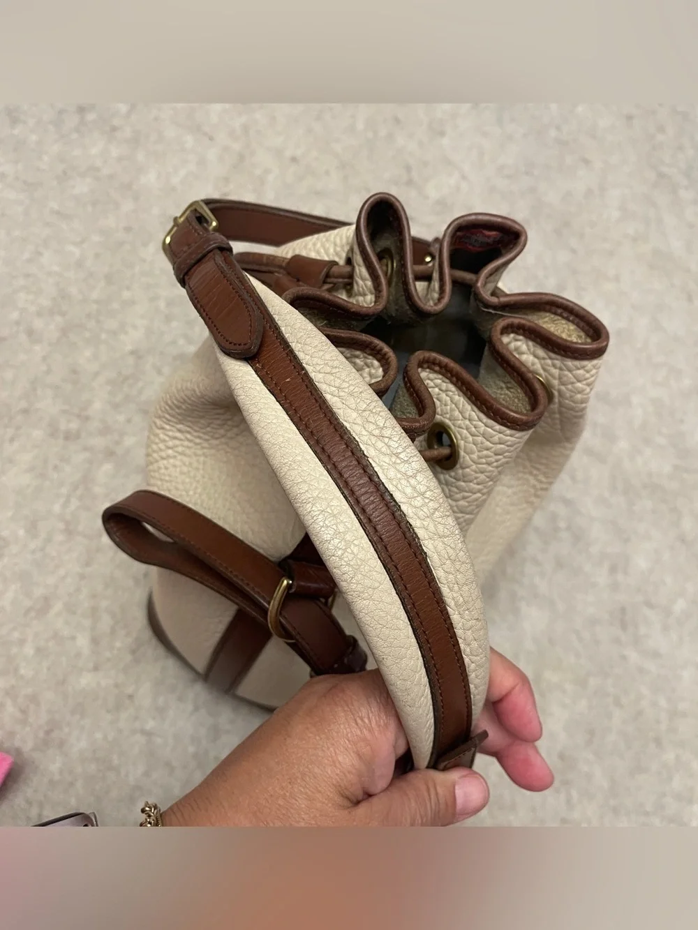 Dooney & Bourke Vintage Y2K Leather Bone/Cream with Brown Trim Bucket Bag Purse